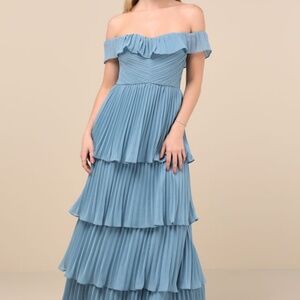 Lulus Always Remarkable Slate Blue Pleated Off-the-shoulder Maxi Dress - Size S